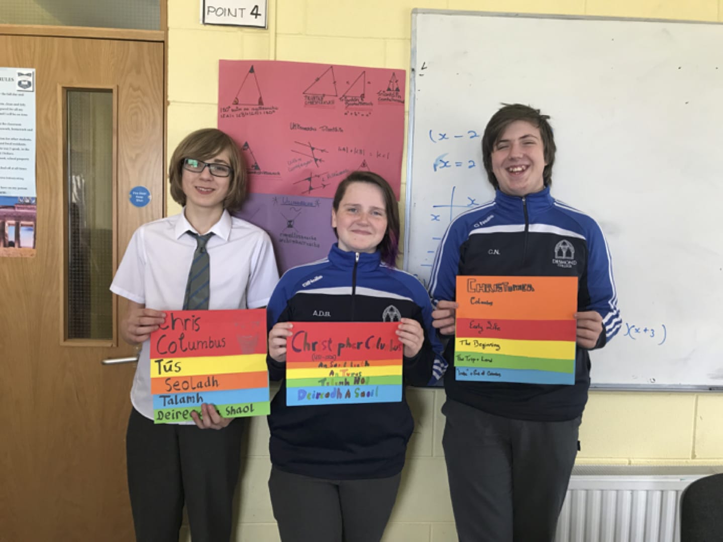May 2017: 1st, 2nd and 3rd place winners in the Christopher Columbus History competition held in Gaelcholaiste Ui Chonba