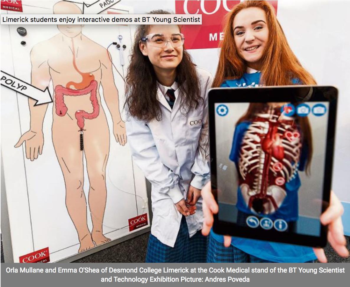 Orla Mullane and Emma O'Shea of Desmond College Limerick at the Cook Medical stand of the BT Young Scientist and Technology Exhibition, Picture: Andres Poveda (LimerickLeader.ie)