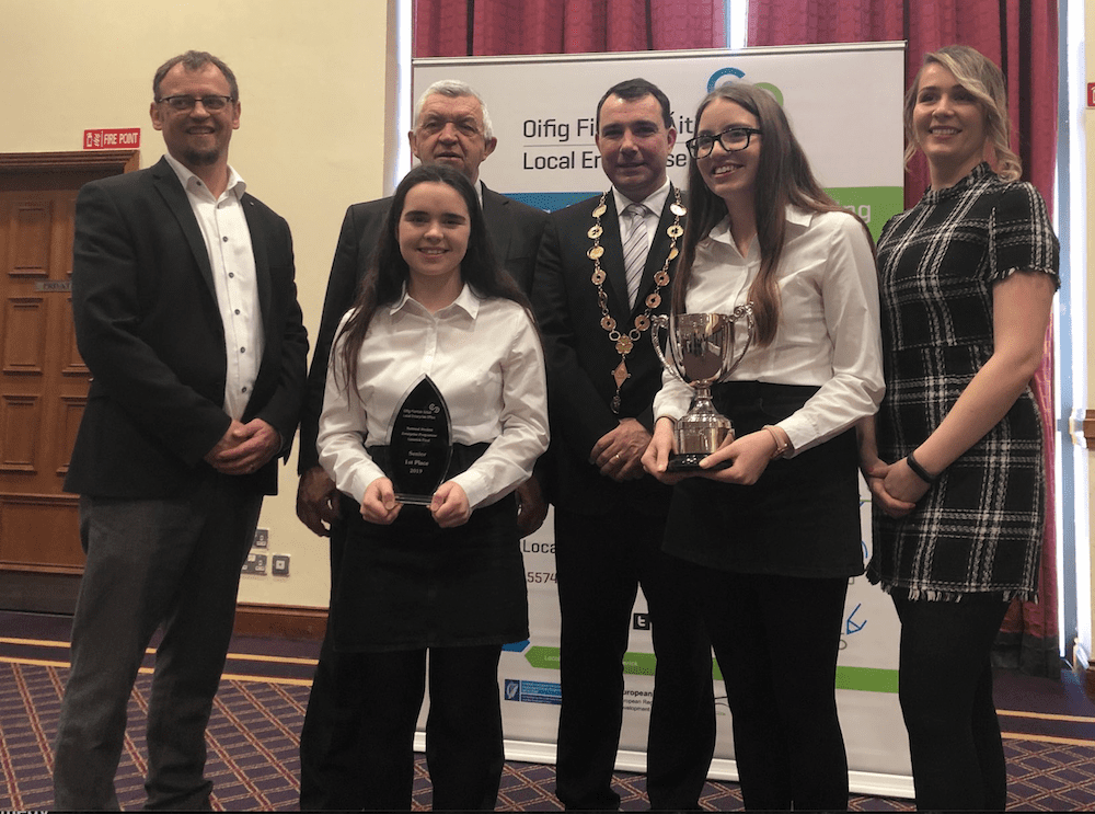 Desmond College's Melissa Flaherty and Ciara Brouder won 1st place in the senior section with "Safety Harness Attachment" at Student Enterprise 2019